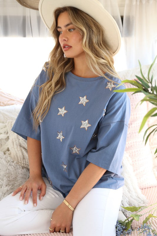 Oversized Blue Sequin Star Patch Shirt